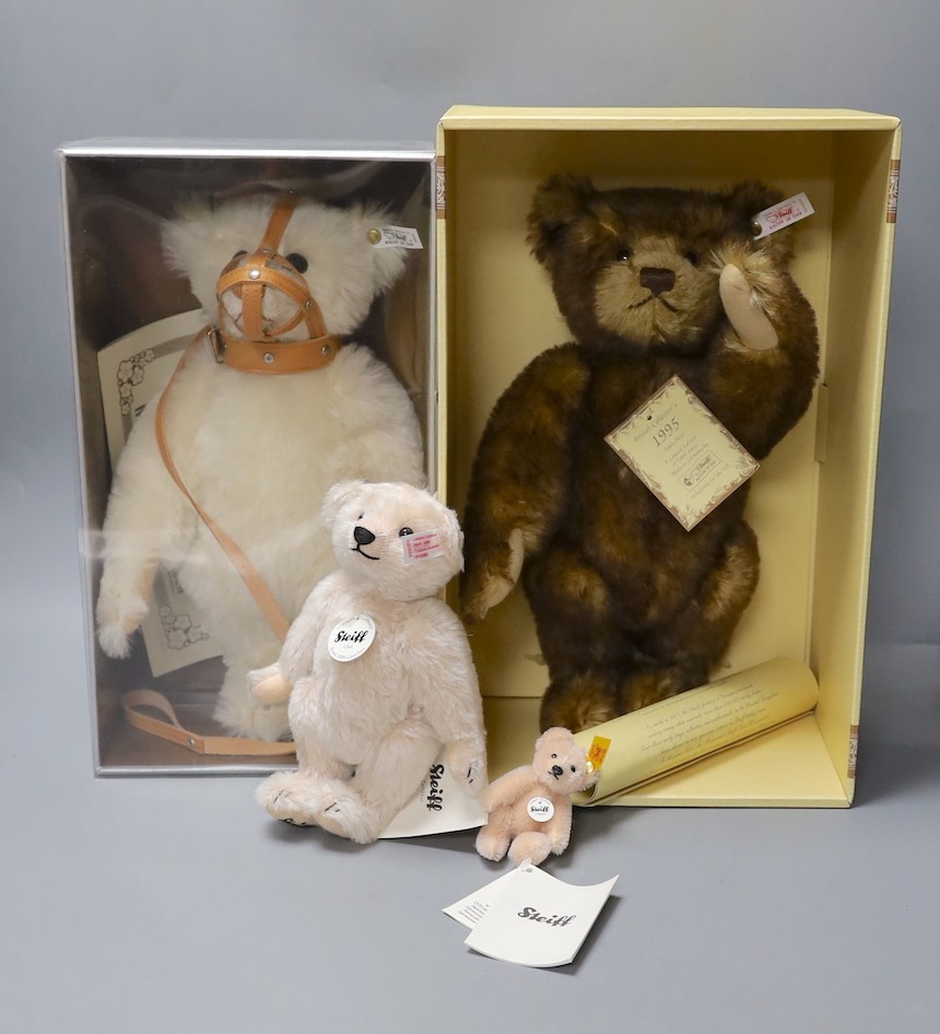 A white tag Steiff Muzzle teddy bear, 33cm, box/cert. with brown tipped British Collectors Bear, 1995, box/cert., Steiff Club Bear 2009, box 20cm and mini Steiff Bear April, box/label, 8cm